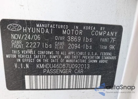 2007 Hyundai Elantra Gls/Limited/Se from USA, damaged, VIN KMHDU46D87U092013